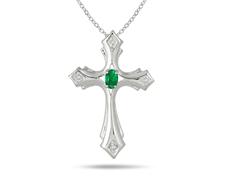 Emearld and Diamond Cross Pendant in .925 Sterling Silver