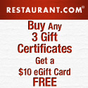 Purchase 3 Restaurant.com gift certificates and receive a FREE $10 eGift card