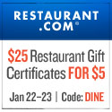 80% off most Restaurant.com $25 Gift Certificates