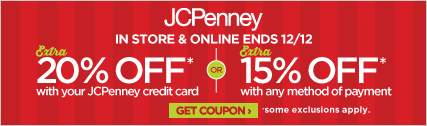 Get 20% off with your JCPenney Credit Card or 15% with any method of payment. Get 10% off furniture, mattresses and more